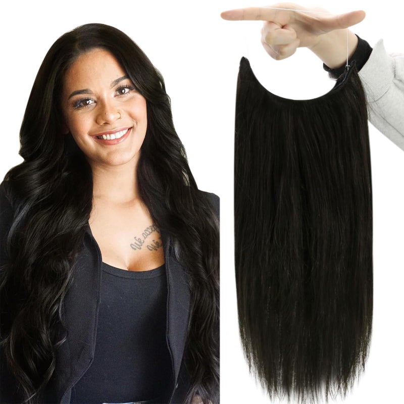 Fshine Invisible Wire Hair Extensions Real Human Hair Color 1B Off Black Fish Line Secret Hairpiece 14 Inch Straight Clip in One Piece Natural Wire Extensions 70 G
